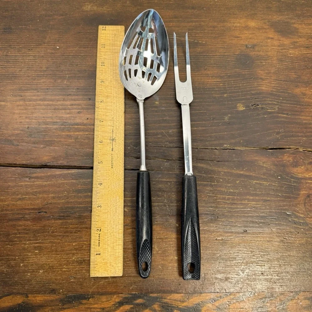 VNTG Ekco Flint Utensils Black Riveted Handles Stainless Steel Spoon Fork USA‎
